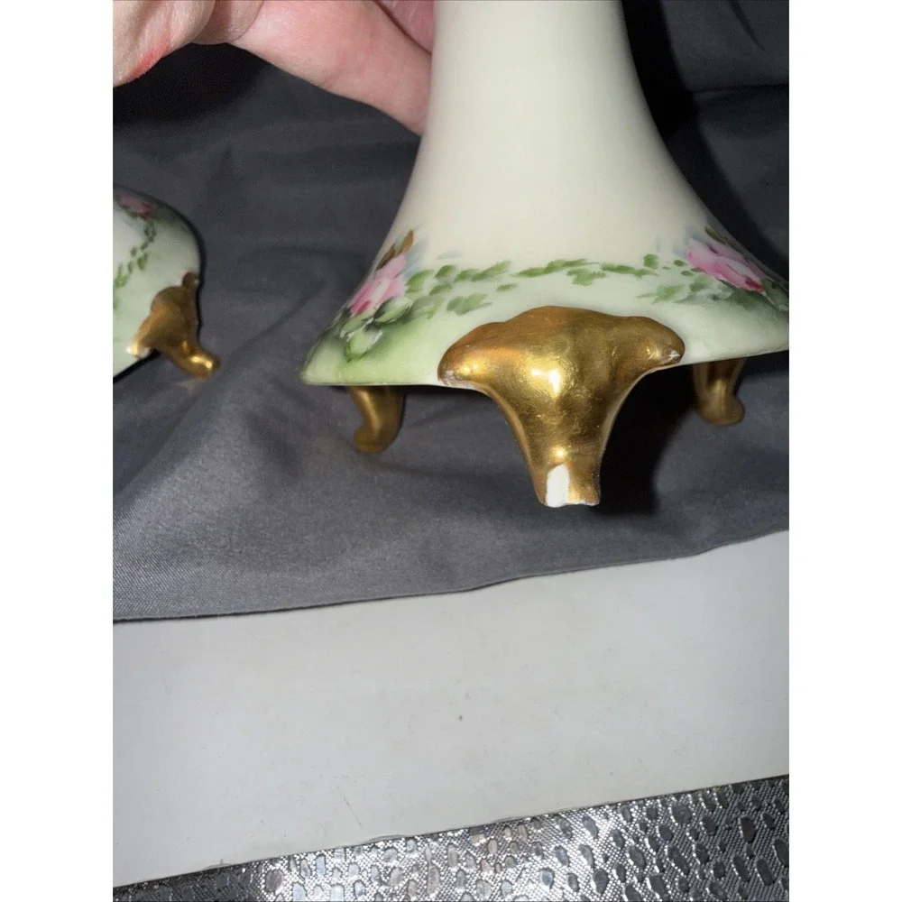 Limoges France Hand Painted Porcelain Candlesticks Gold Gilt Floral VTG Signed